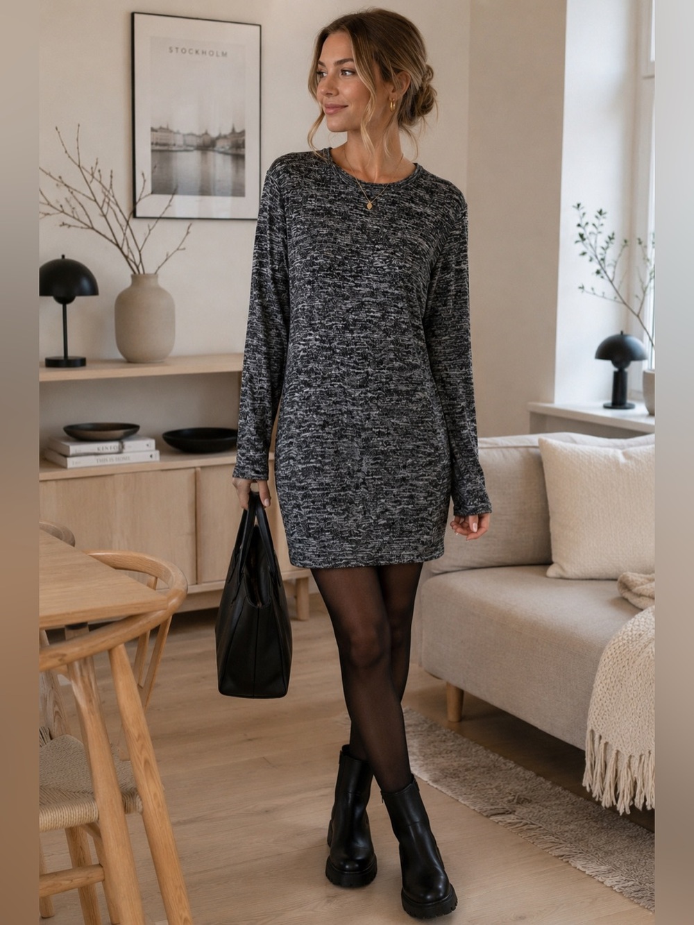 Wilfred Free by Aritzia Marled Knit Tunic Dress Gray Black Stretch Size Small